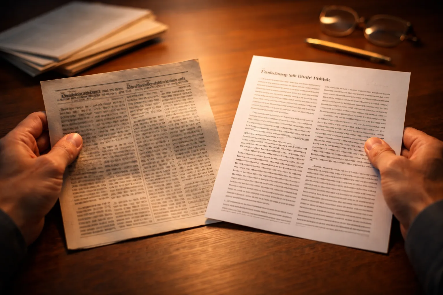 Hands comparing an original foreign-language article with its certified English translation