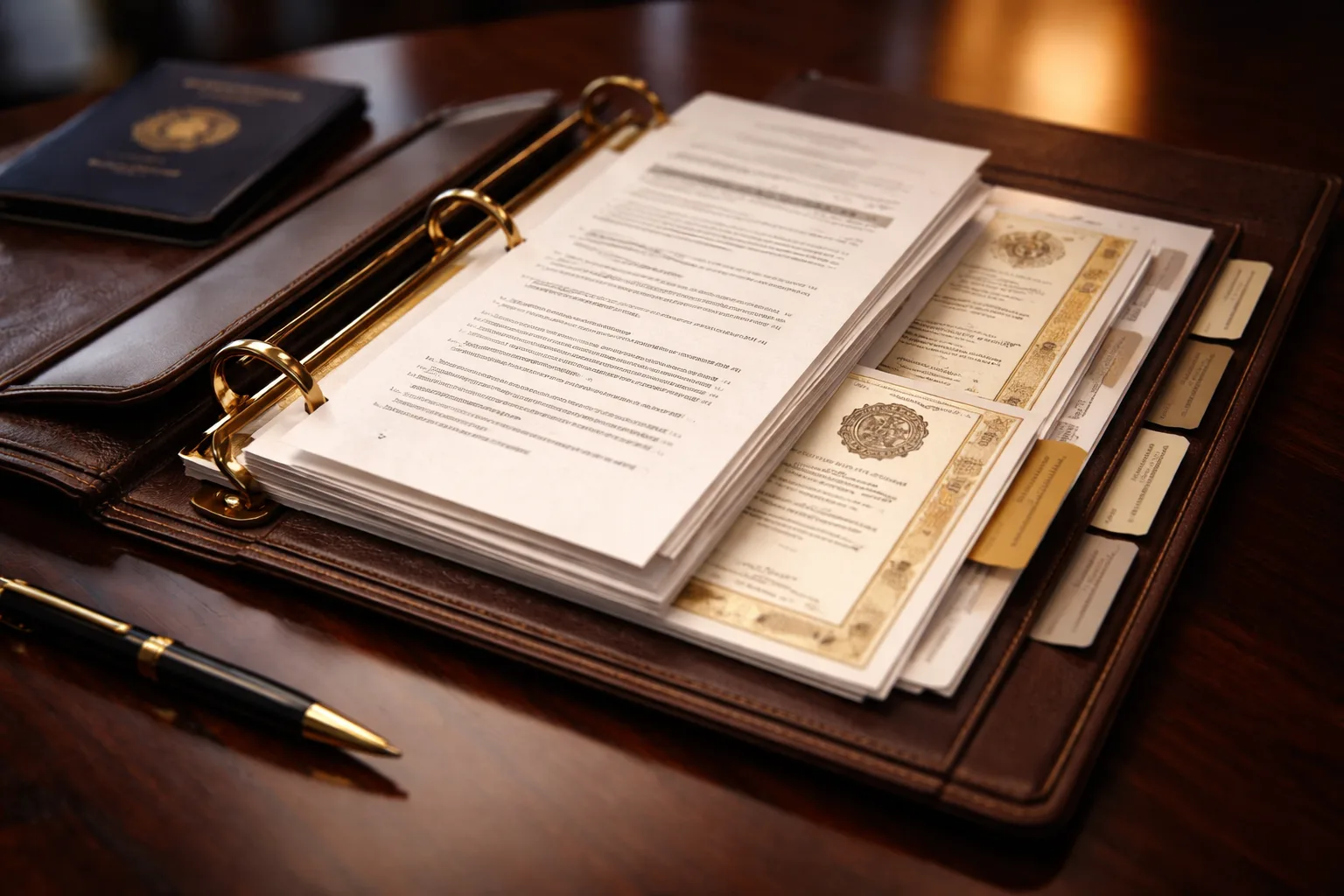 An organized evidence binder holding translated documents alongside original-language certificates and a passport