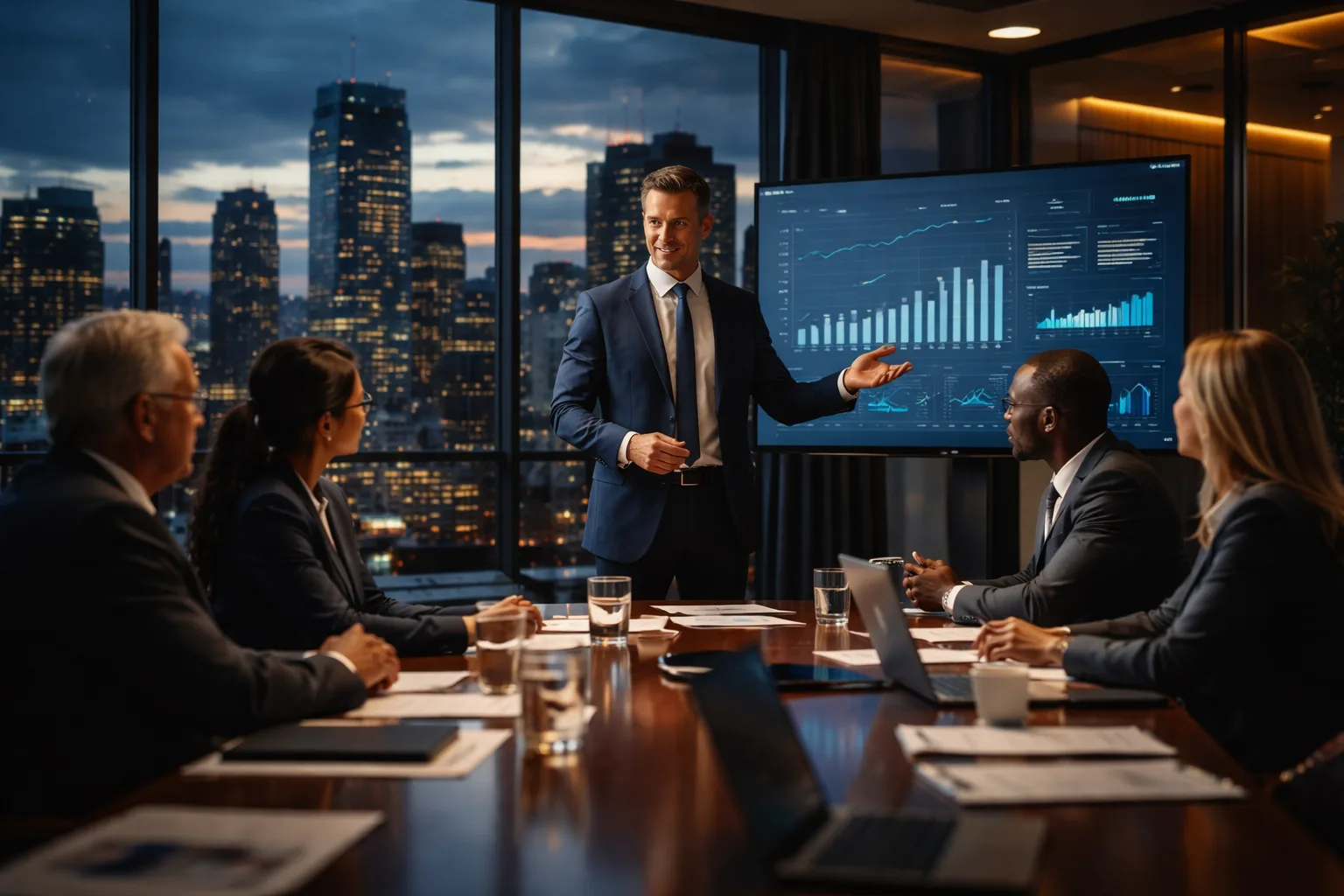 Management consulting partner presenting a critical-role engagement outcome to executive stakeholders in a boardroom