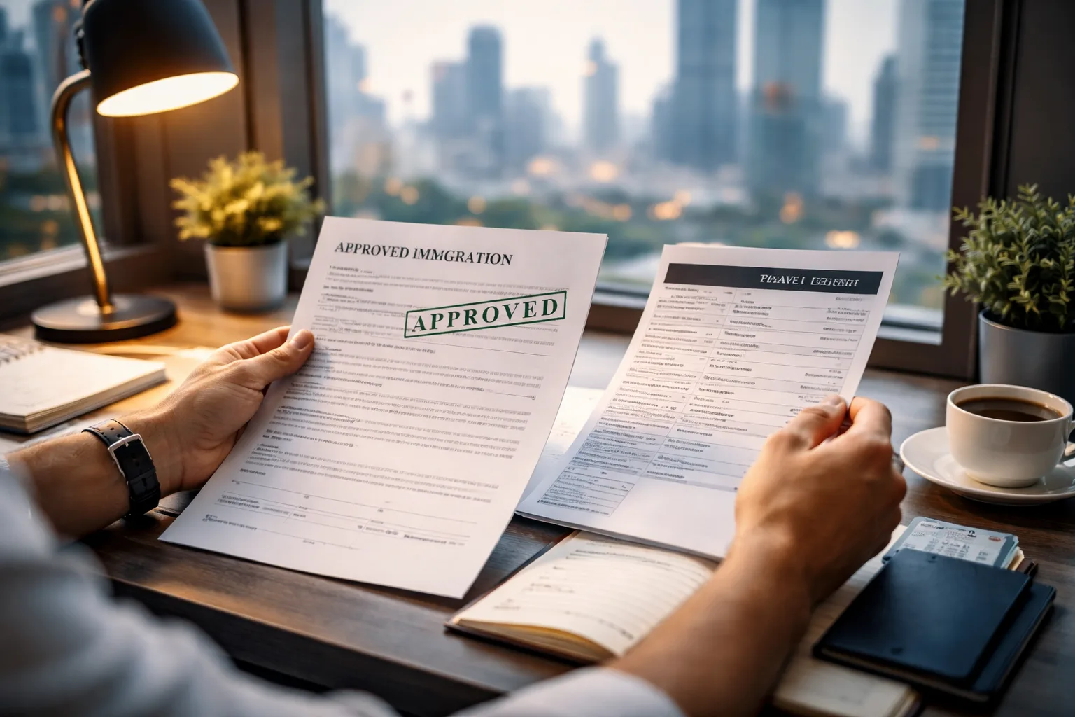 Applicant reviewing approved I-140 documentation alongside travel plans while deciding between adjustment of status and consular processing