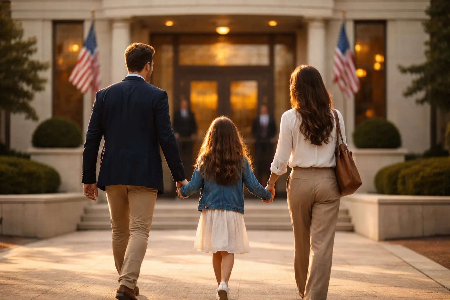 Family arriving for a consular interview as part of the immigrant visa process