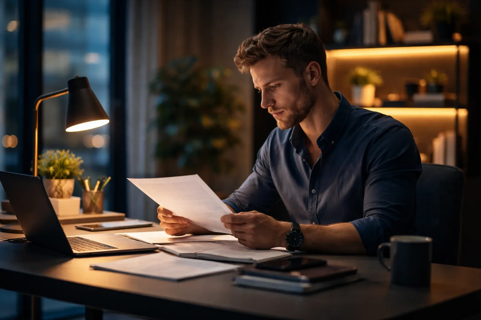 Startup founder reviewing self-employment documentation relevant to the labor certification impracticality argument