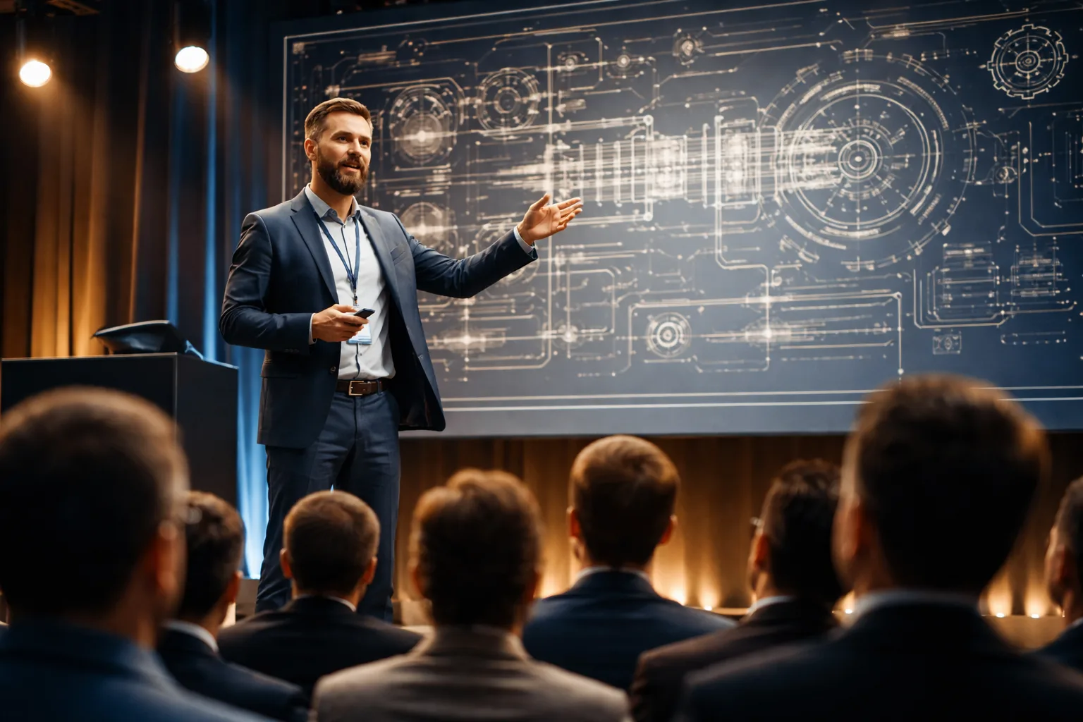 Engineer presenting a generalized version of a proprietary process innovation at an industry technical symposium