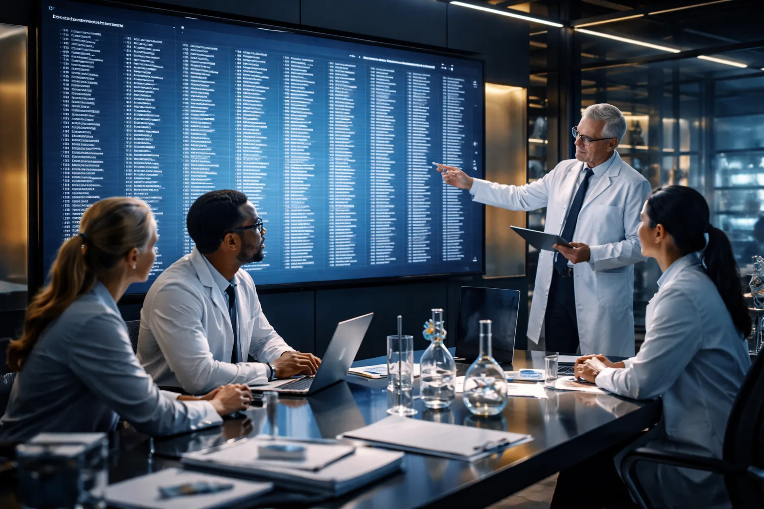 Research team reviewing a large consortium paper's author contribution roles in a laboratory meeting room