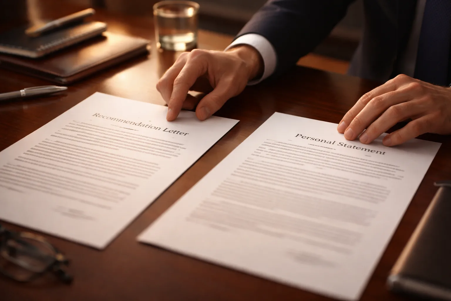 Hands arranging recommendation letters and a personal statement side by side to check narrative consistency before an EB-1A filing