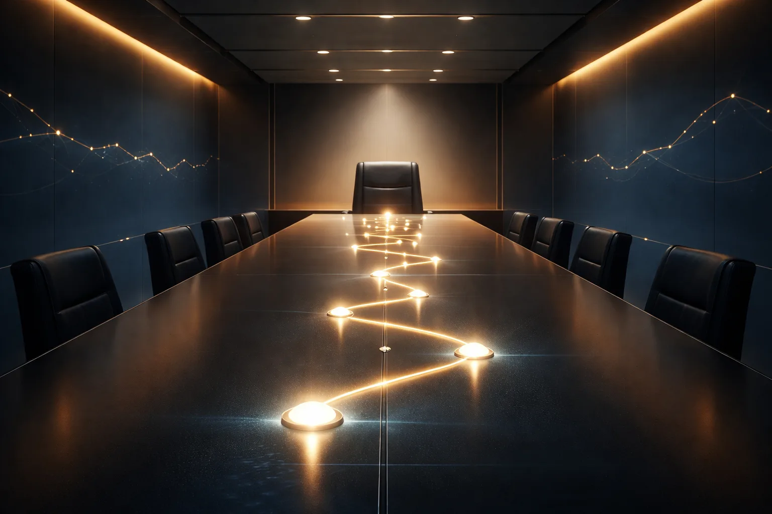 A timeline of illuminated milestones running along a conference table, symbolizing sustained acclaim through the present rather than a single past achievement