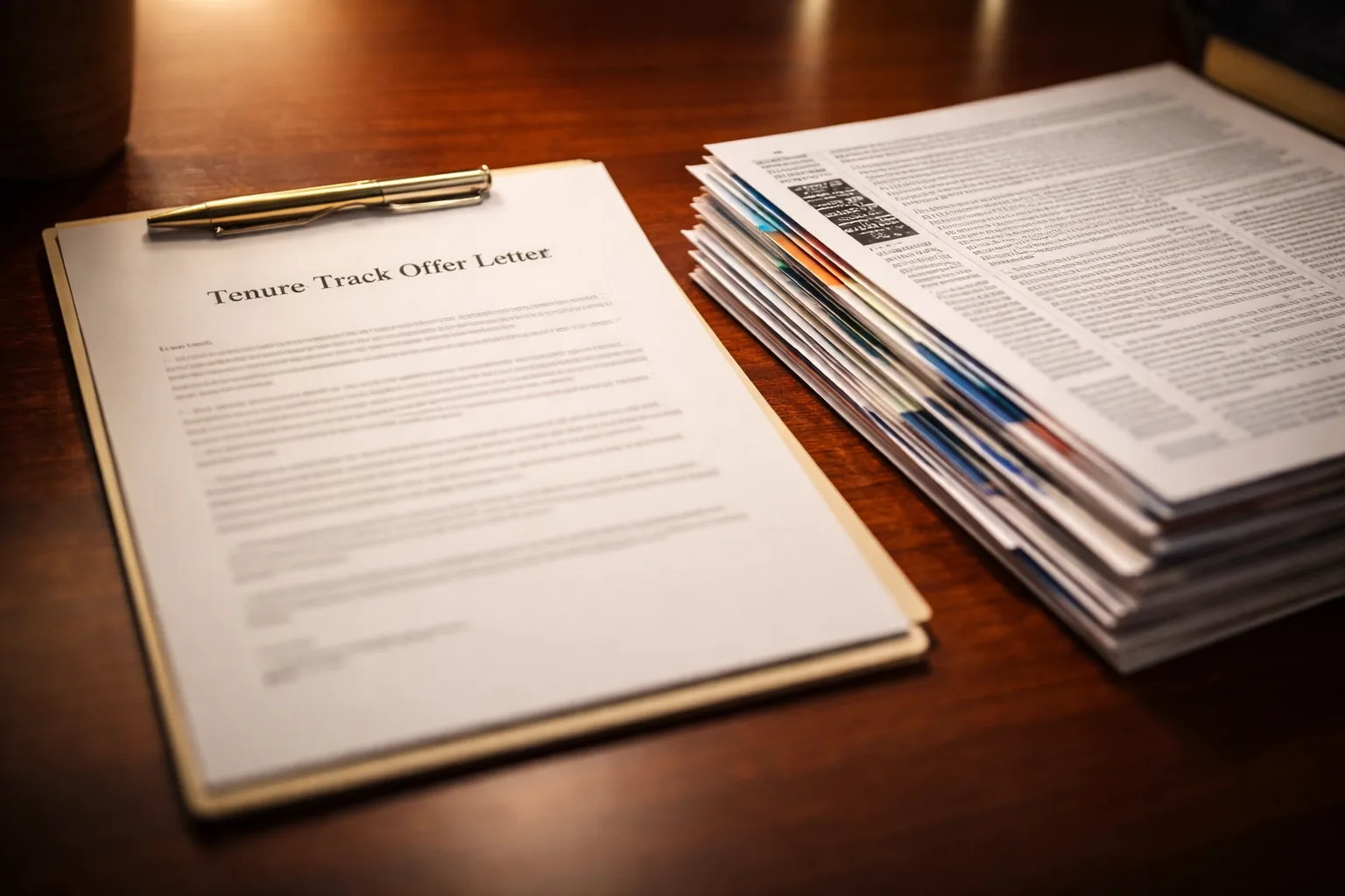 A tenure-track offer letter beside published academic journal articles, representing the two pillars of an EB-1B outstanding researcher case