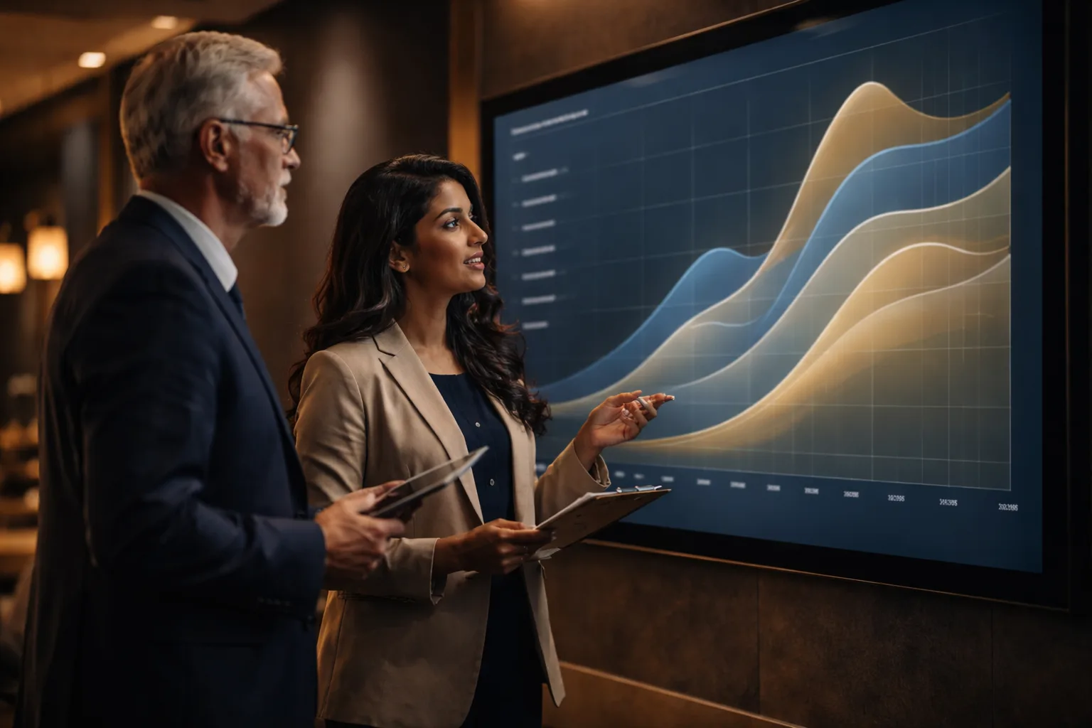 Professionals reviewing salary benchmark comparison curves across different applicant profiles for O-1A evidence