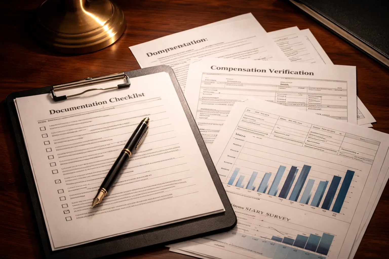 Compensation documentation and salary survey papers arranged on a desk for O-1A evidence preparation