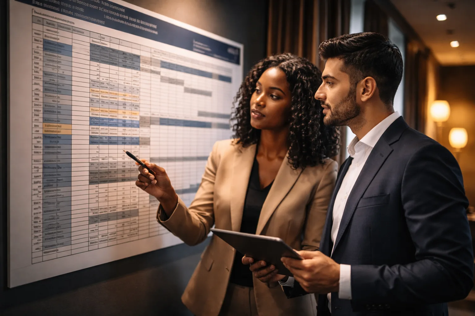Professionals reviewing a visa bulletin and green card case timeline chart in a consulting office