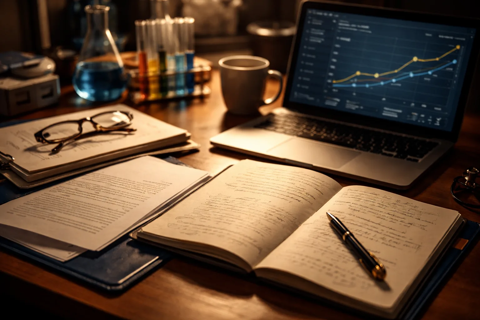 A researcher's desk with a lab notebook, printed grant documentation, and a laptop showing a citation trend graph