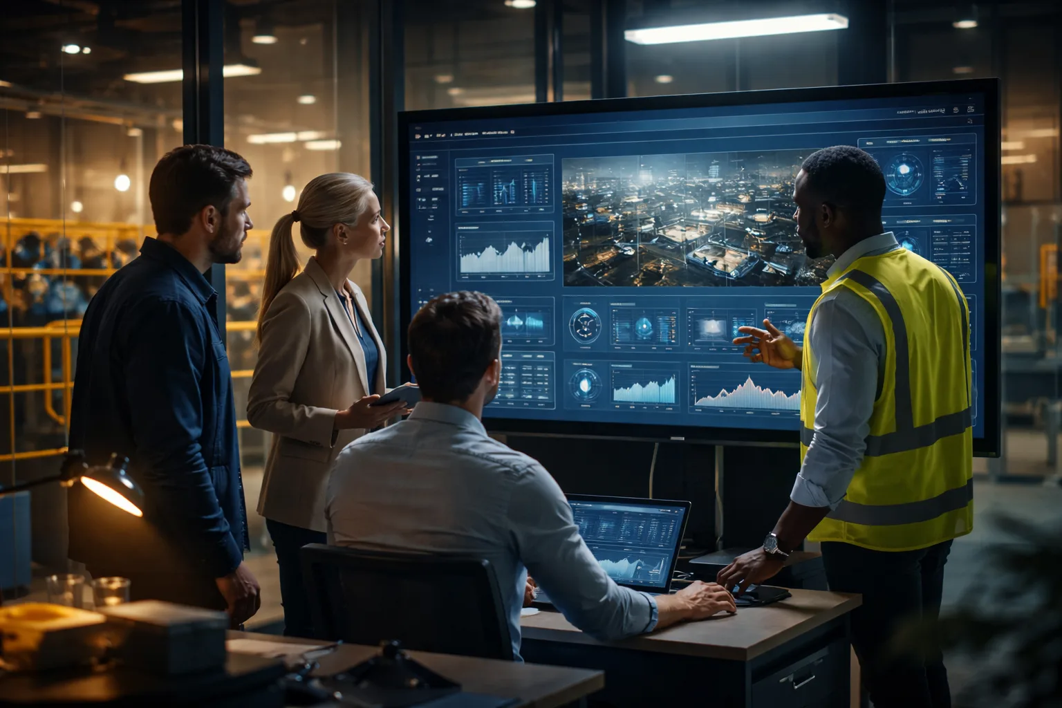 A startup team reviewing a pilot deployment dashboard inside an industrial facility
