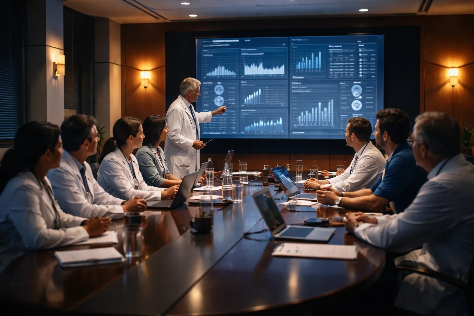 A specialty medical team reviewing a quality report in a hospital conference room
