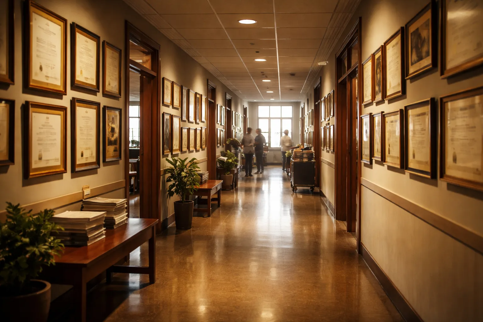 A university research department hallway displaying framed grant certificates and departmental recognition