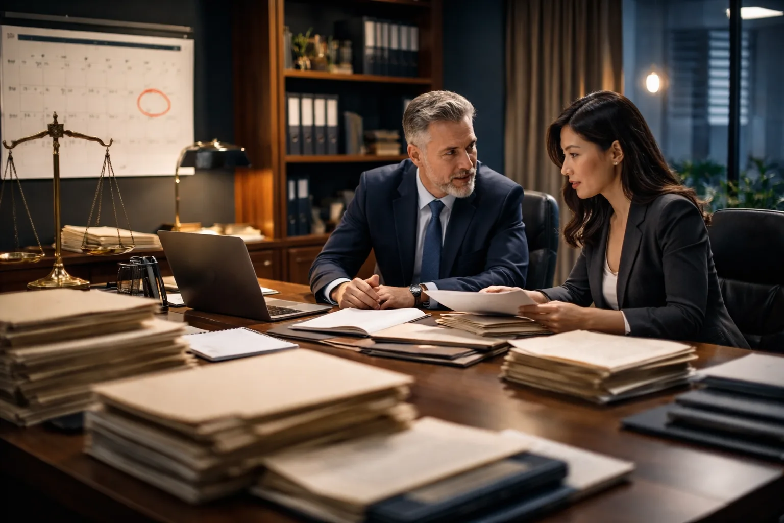 Two professionals in focused discussion in an immigration attorney's office with case files and a marked deadline calendar