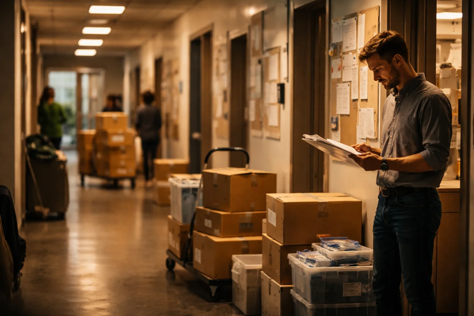 A researcher reviewing paperwork in a university department hallway during a departmental transition