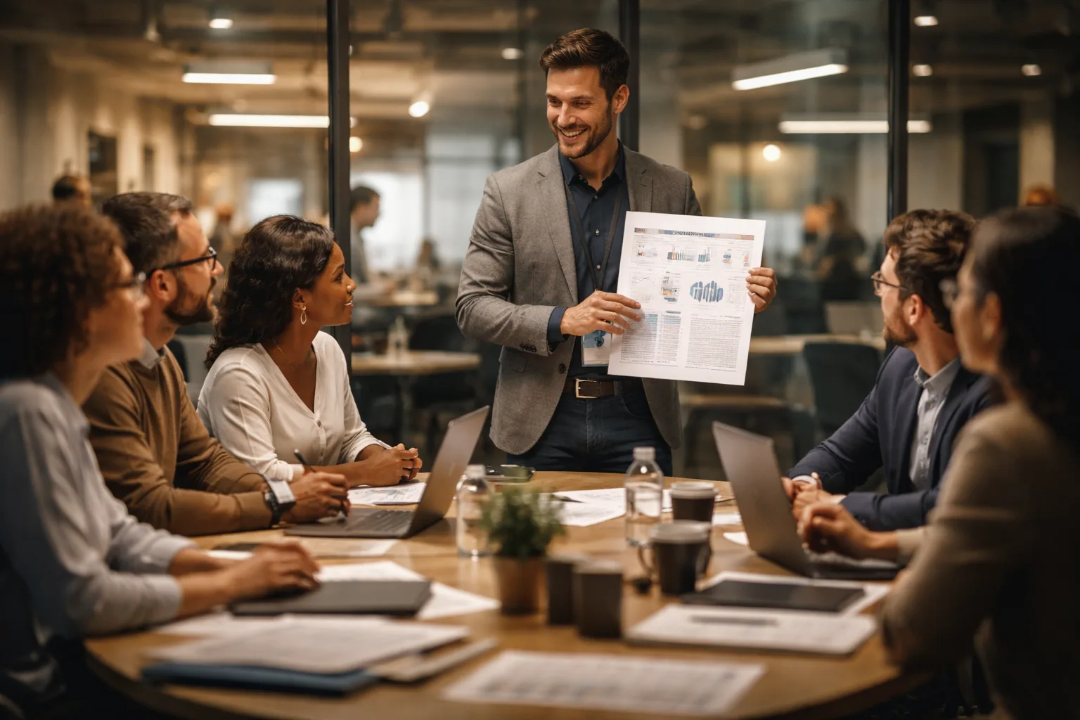 A product manager presenting a strategy document to a cross-functional review board in a technology office