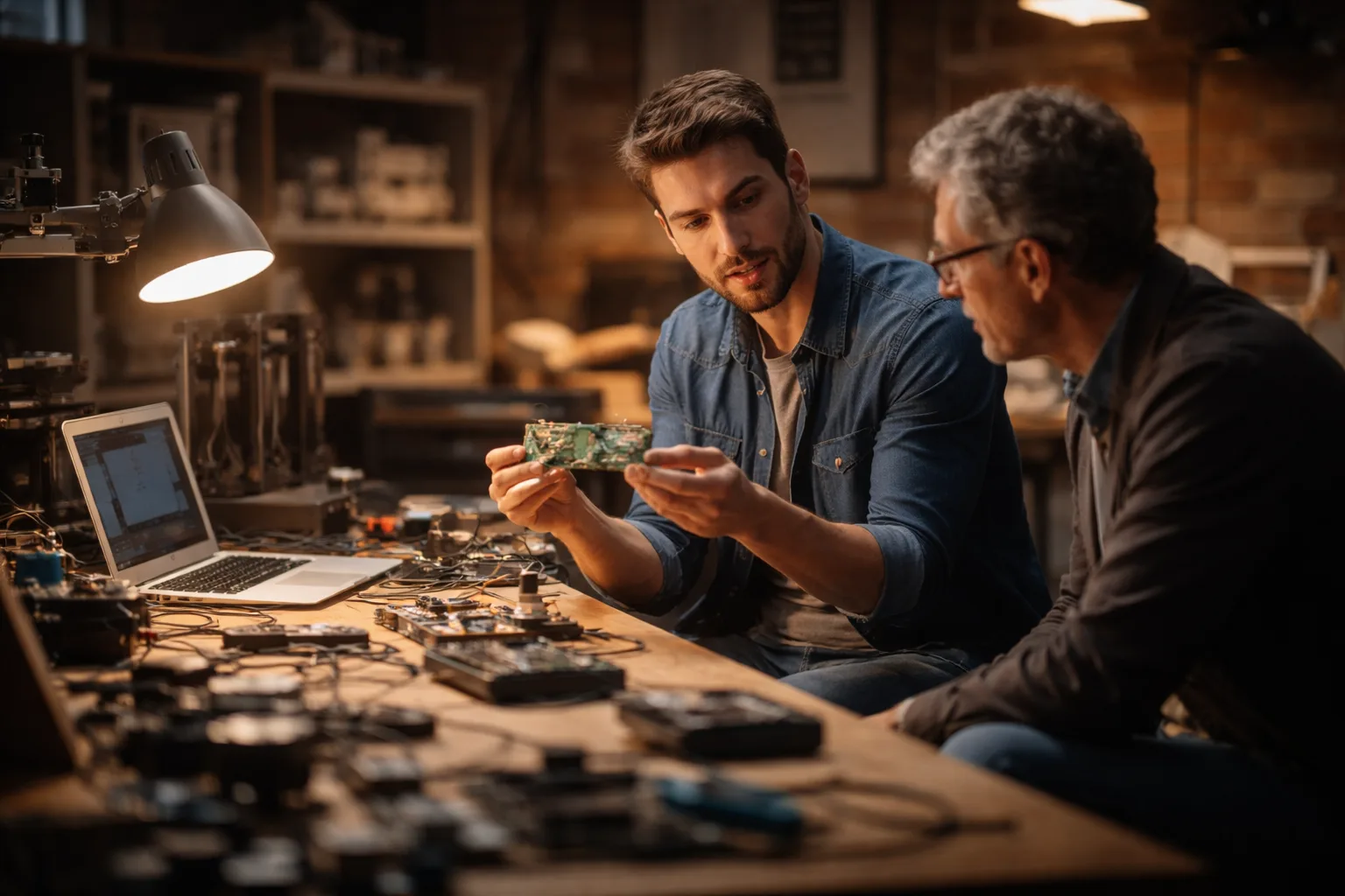 A technical co-founder demonstrating a hardware prototype to an investor in a startup workshop