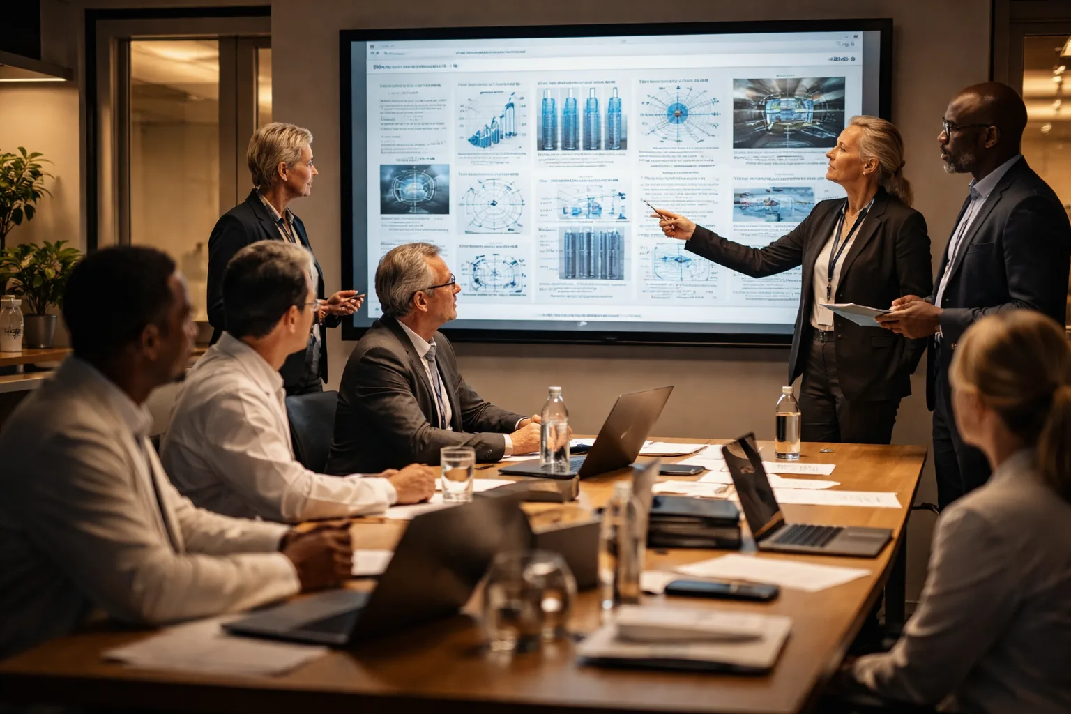 A technical review panel evaluating a project proposal in a battery research facility
