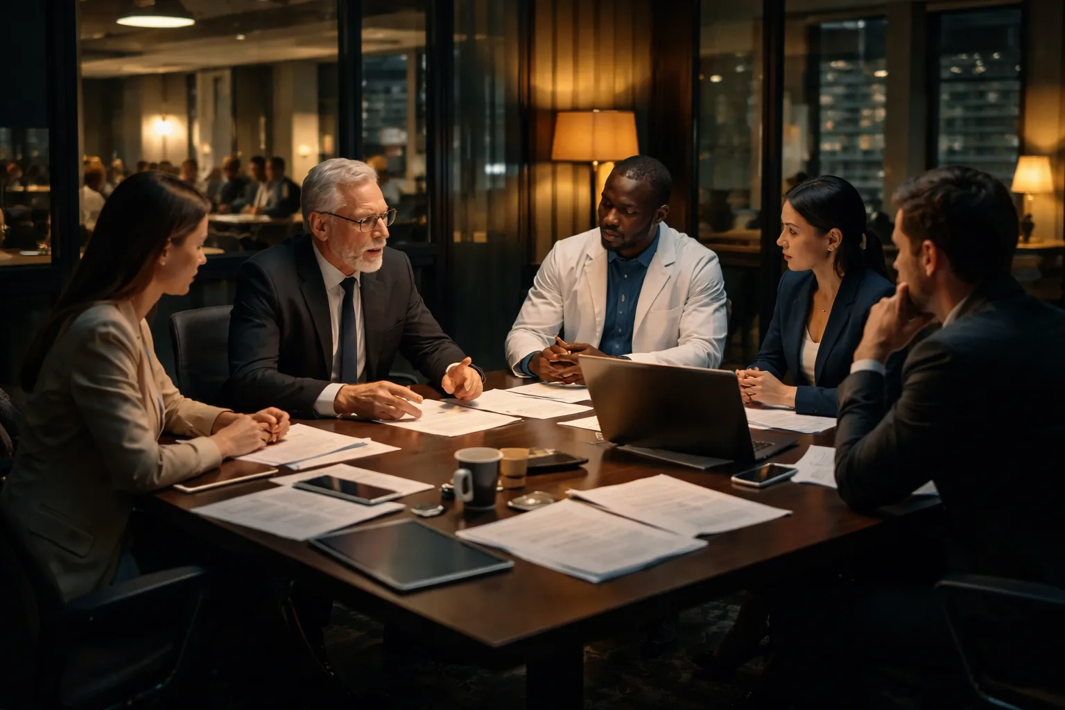 A research and legal team meeting to discuss what technical information can be shared publicly