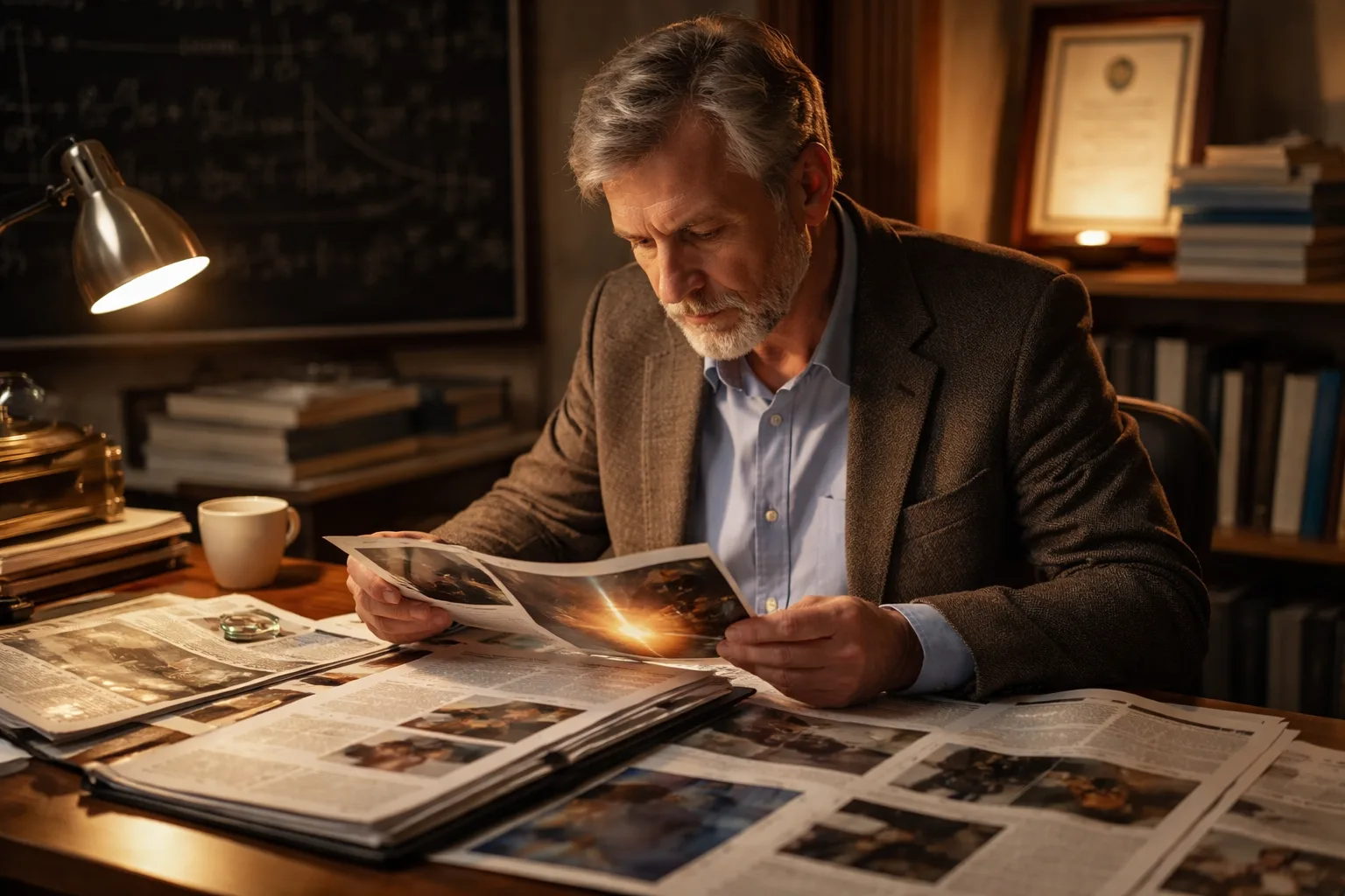 A physicist reviewing an evidence portfolio and press clippings at a research institute desk