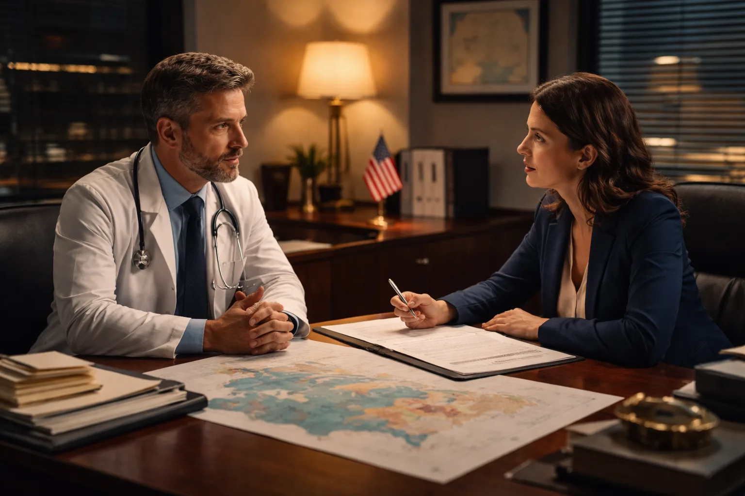 A physician consulting with an immigration attorney over a regional shortage-area map and case documents