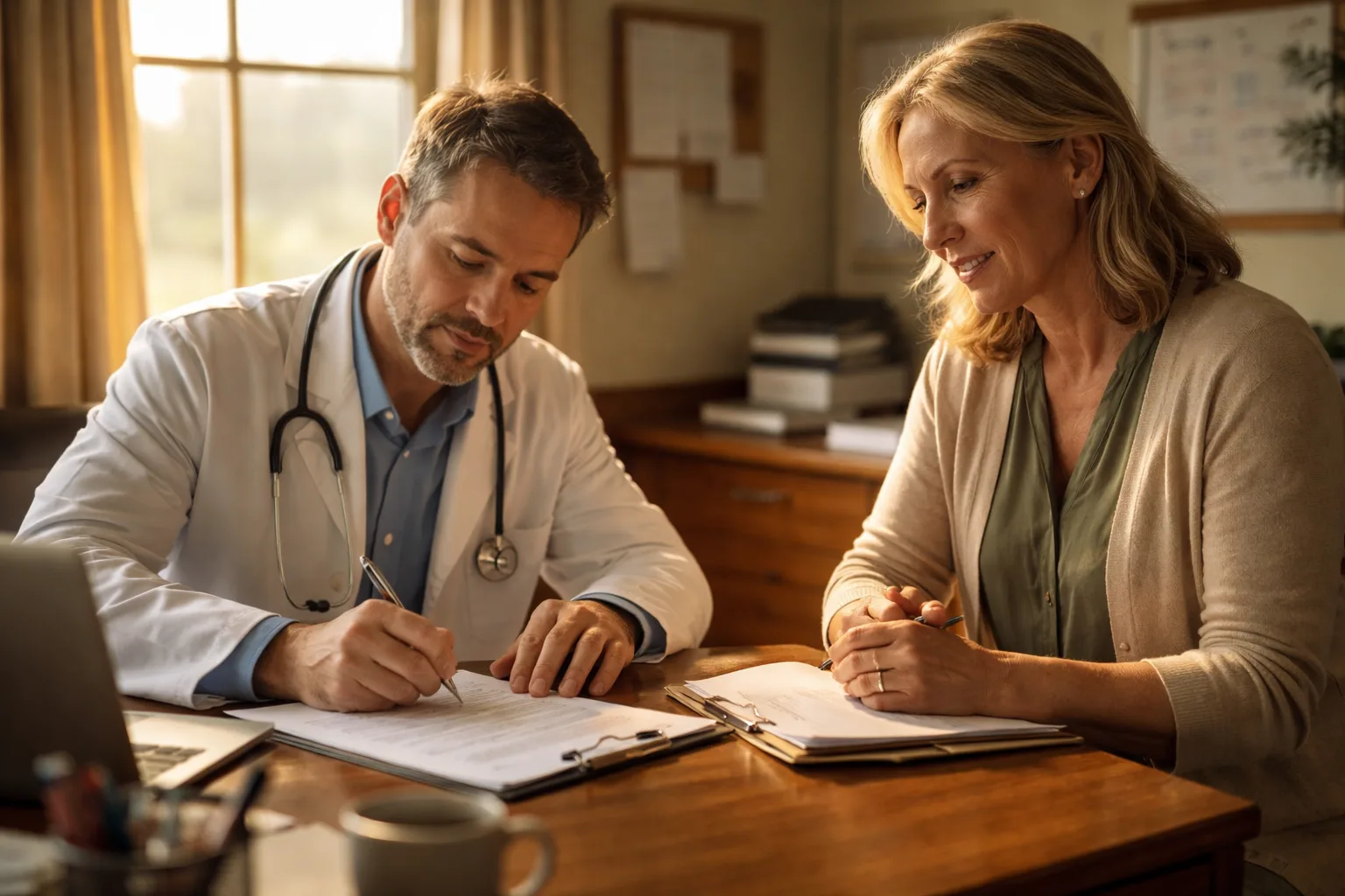 A physician signing an employment contract with a clinic administrator in a rural medical office