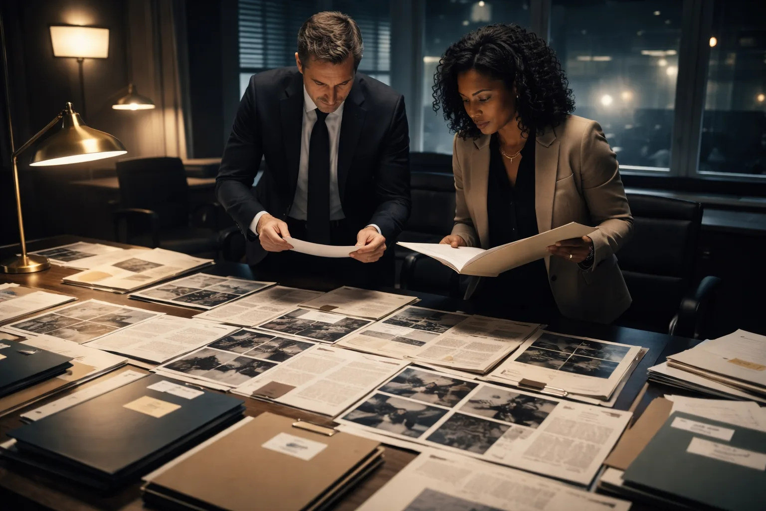 Two professionals cross-referencing documents between labeled evidence portfolio folders