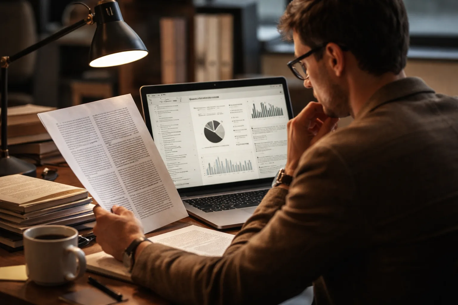 A researcher comparing a scientific publication against a citation report on a laptop screen