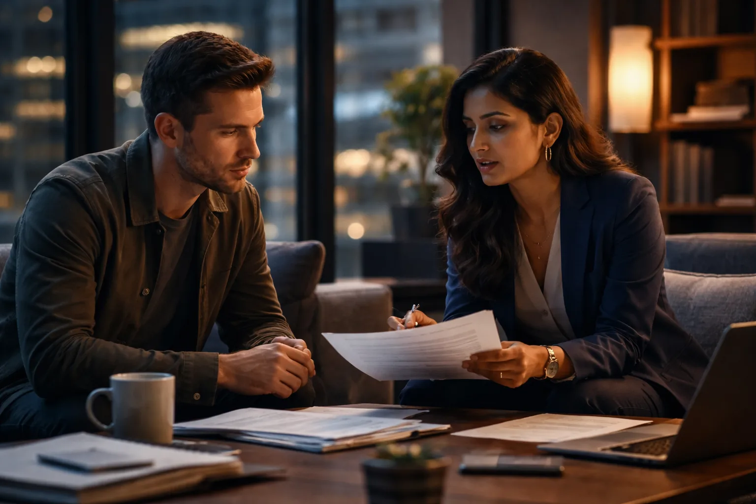 A founder and an immigration attorney reviewing company formation and funding documents in a startup office