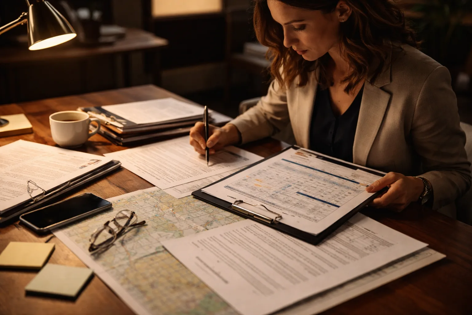 A consultant cross-referencing a travel and engagement itinerary against signed client contracts