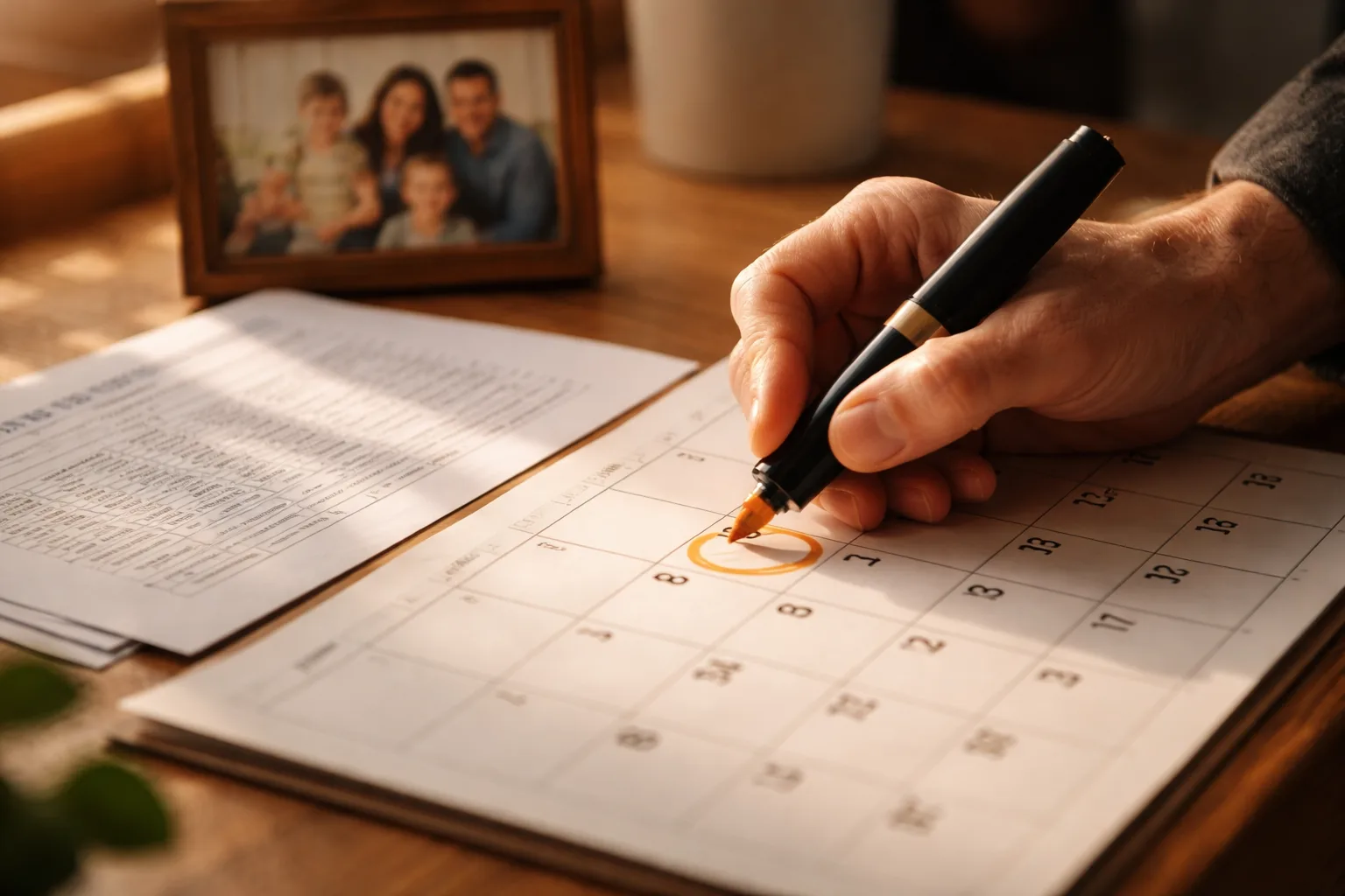 A hand marking an important date on a calendar with a visa bulletin printout nearby