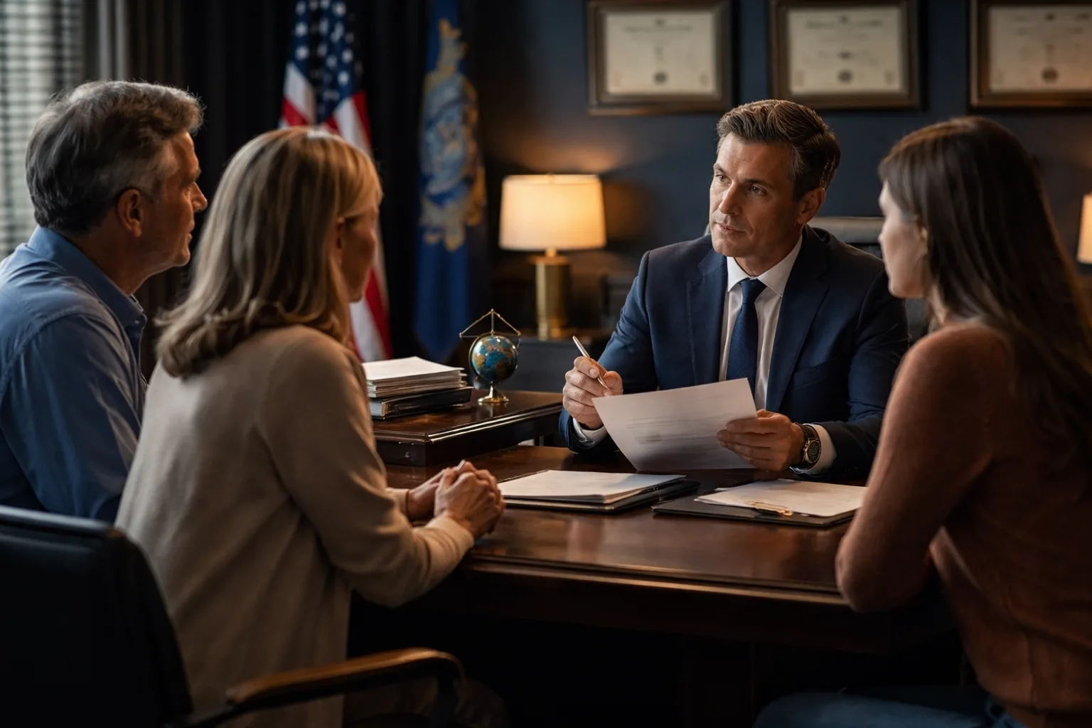 Parents and their young adult child in a consultation with an immigration attorney