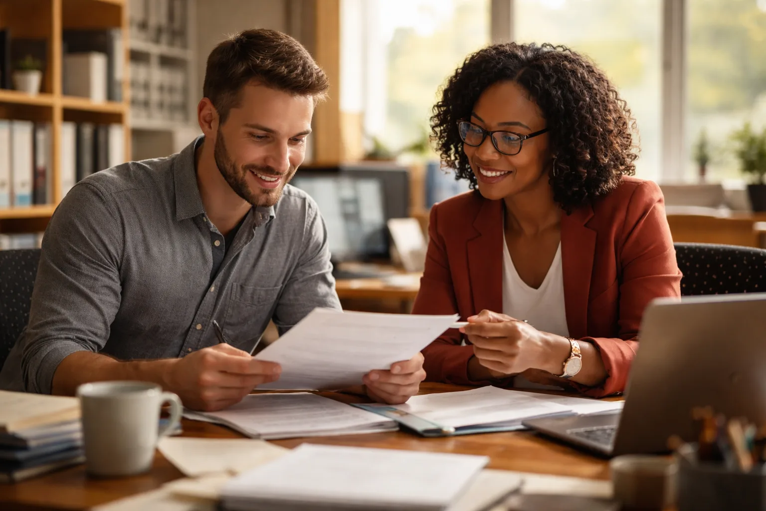 A researcher and a department administrator reviewing employer sponsorship paperwork in a university office