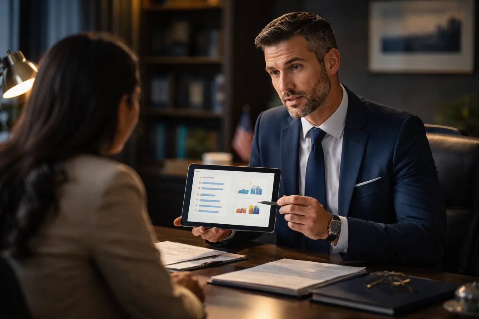 An immigration attorney presenting a comparison chart to a client in a modern office
