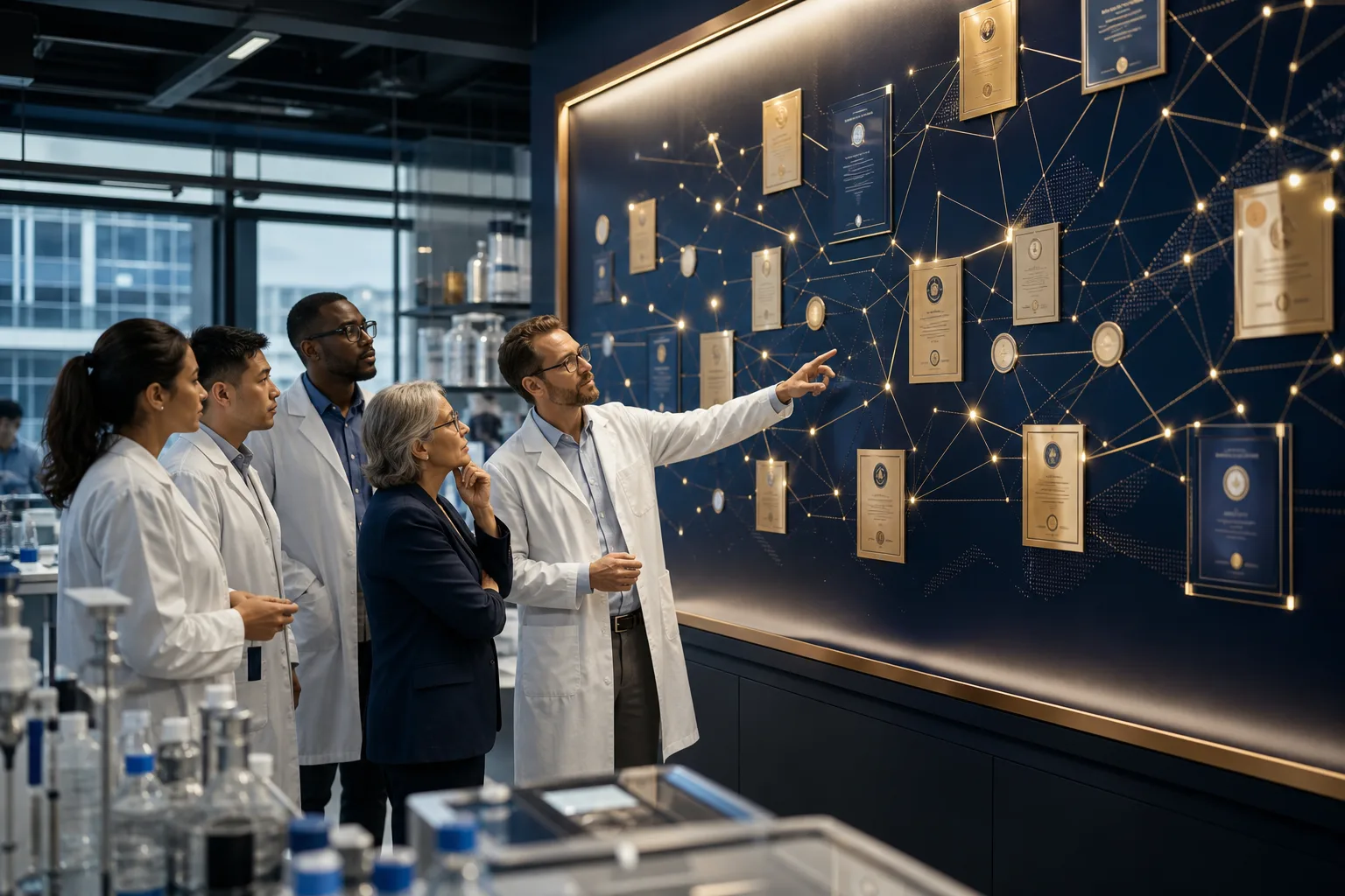 Research team reviewing a wall of interconnected achievement milestones, symbolizing the totality-of-the-evidence view USCIS takes at final merits determination
