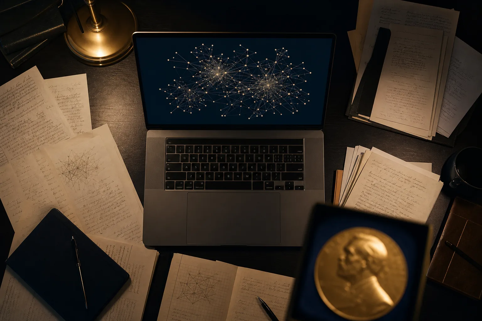 Editorial still life of a researcher's desk with a citation network visualization on a laptop screen, symbolizing independent corroboration of academic impact