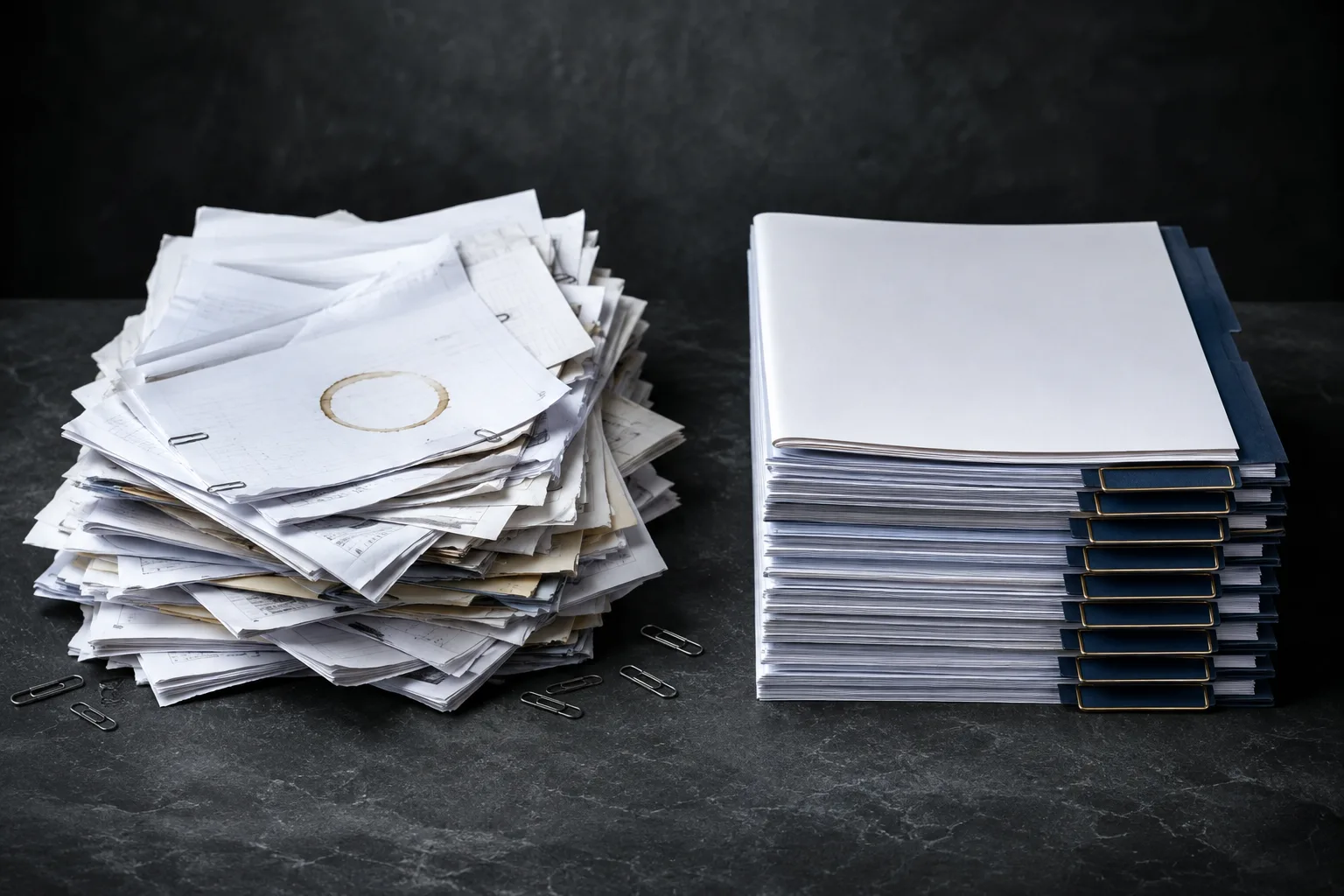 Side by side comparison of a disordered stack of loose immigration documents and the same material organized into a tabbed and numbered exhibit package