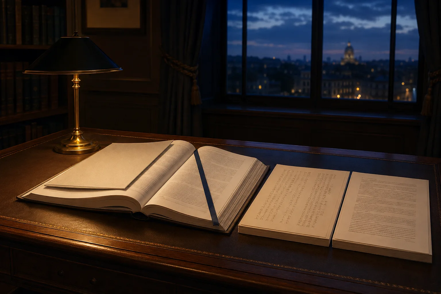 An open long-form report with a cover sheet and ribbon marker beside paired original-language and certified English translation documents on a desk at dusk