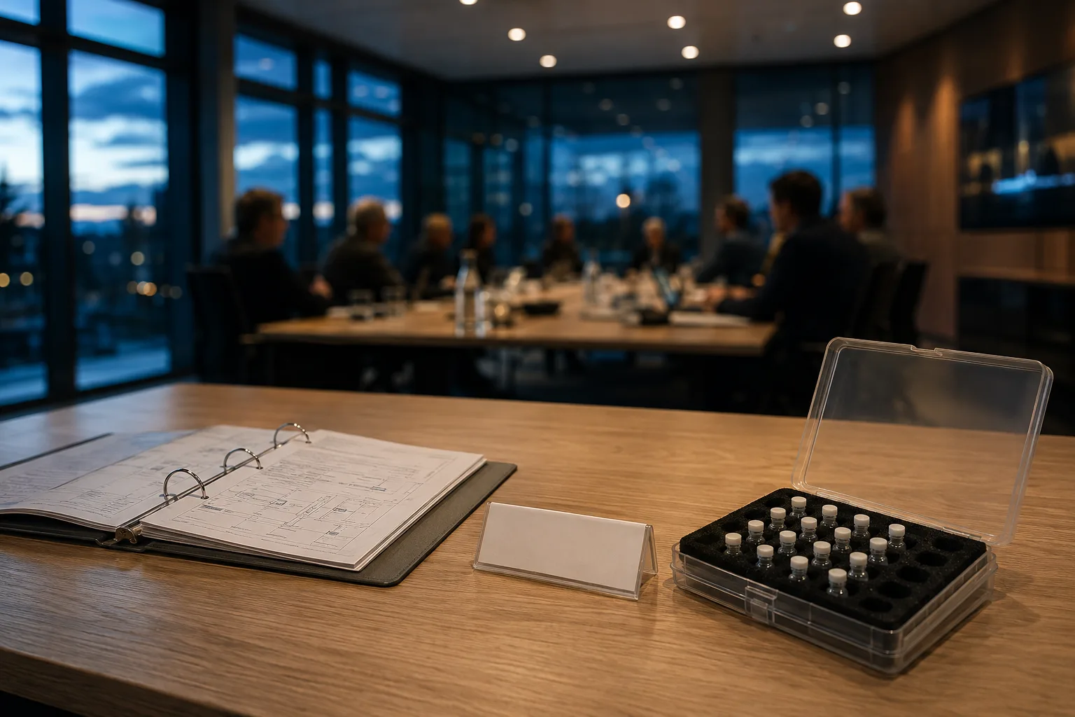 A technical standards working group meeting at dusk with an open binder and sample case in sharp foreground focus