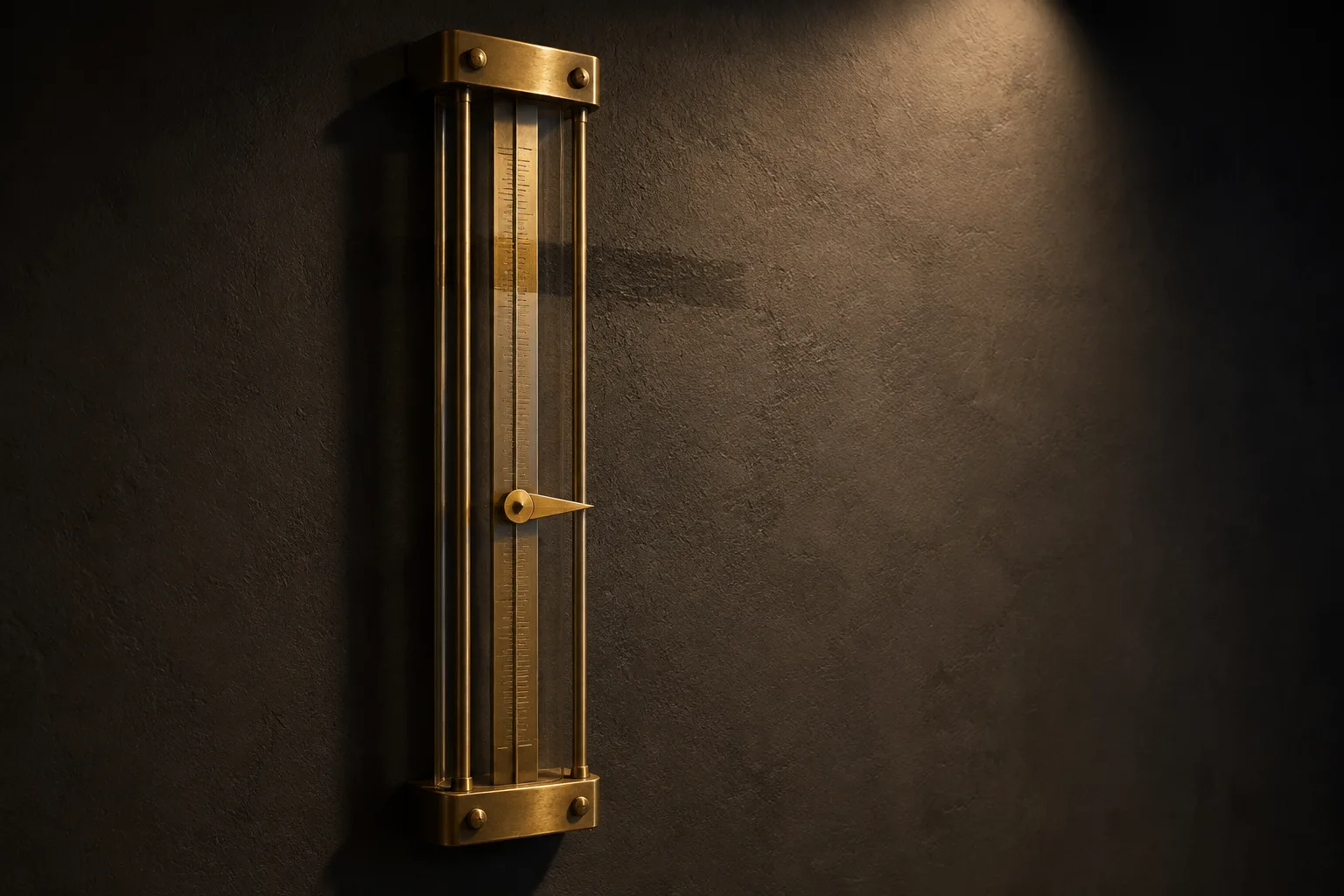 A brass pointer on an engraved vertical scale with a faint mark above showing where it previously stood, suggesting backward movement