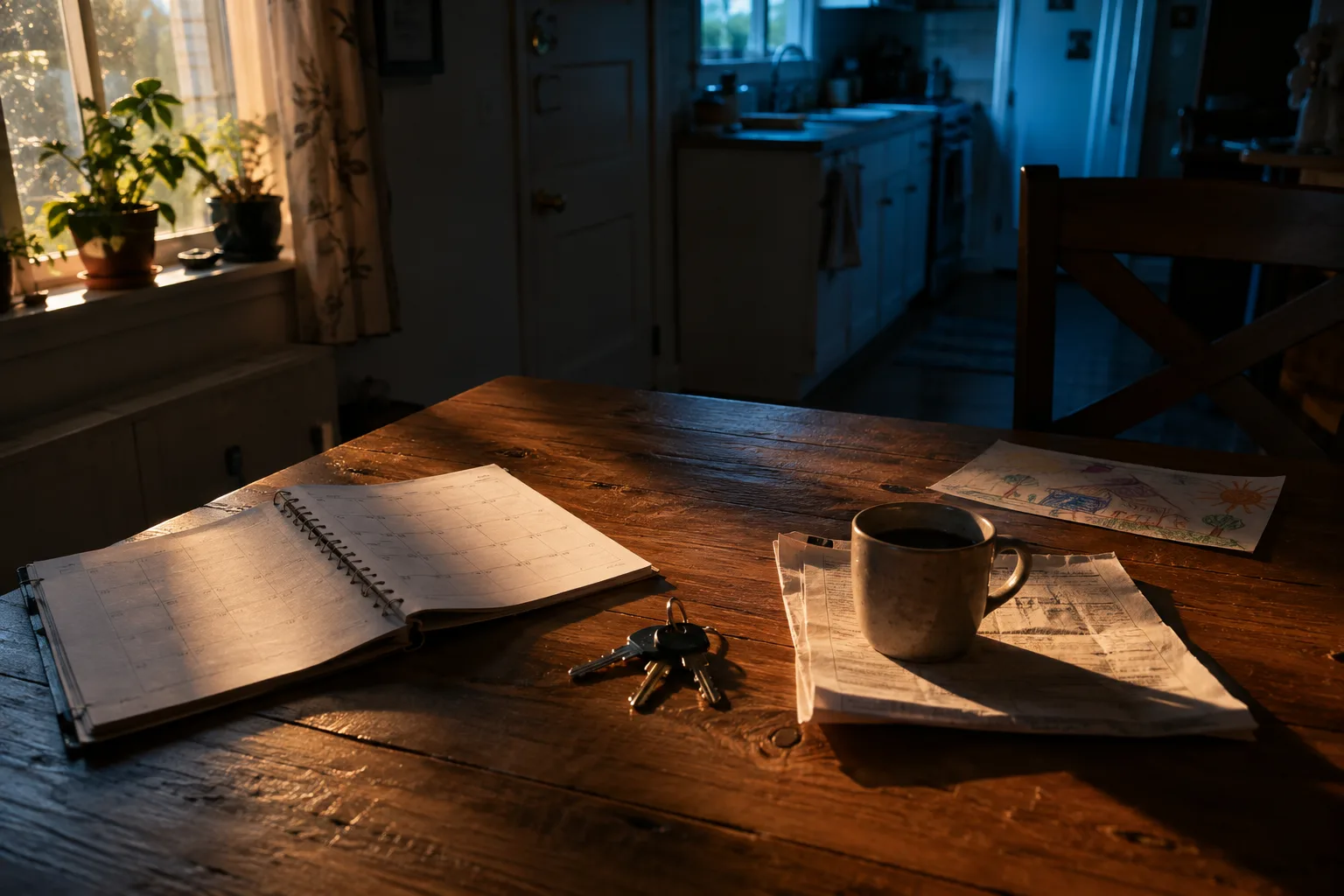 A family kitchen table at evening with an open calendar, house keys, a folded document and a child's drawing