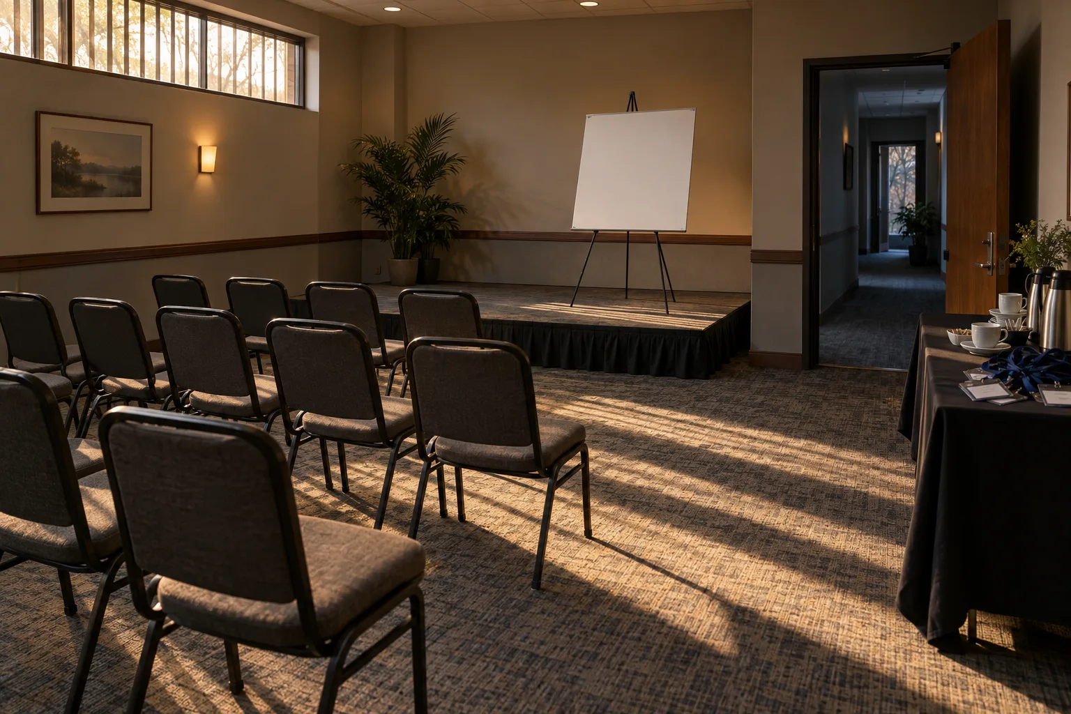 A small specialist meeting room with a dozen empty chairs facing a blank presentation easel in late afternoon light