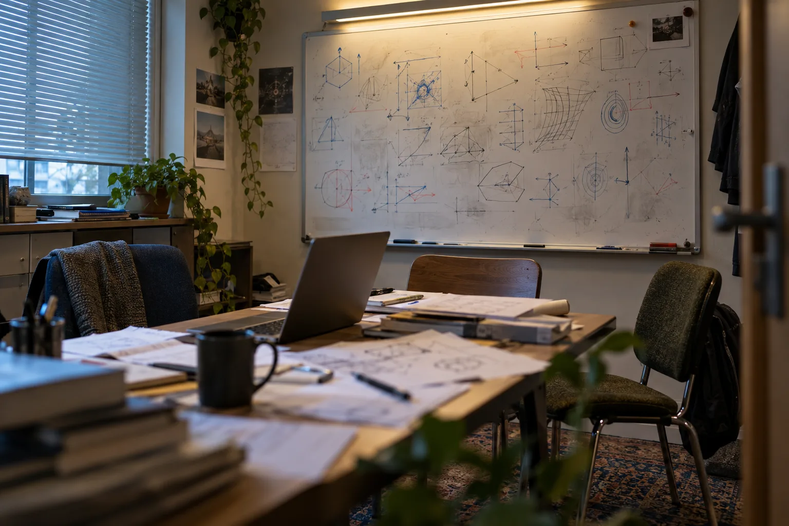 A cramped working session office with a densely diagrammed whiteboard, three chairs and scattered printouts