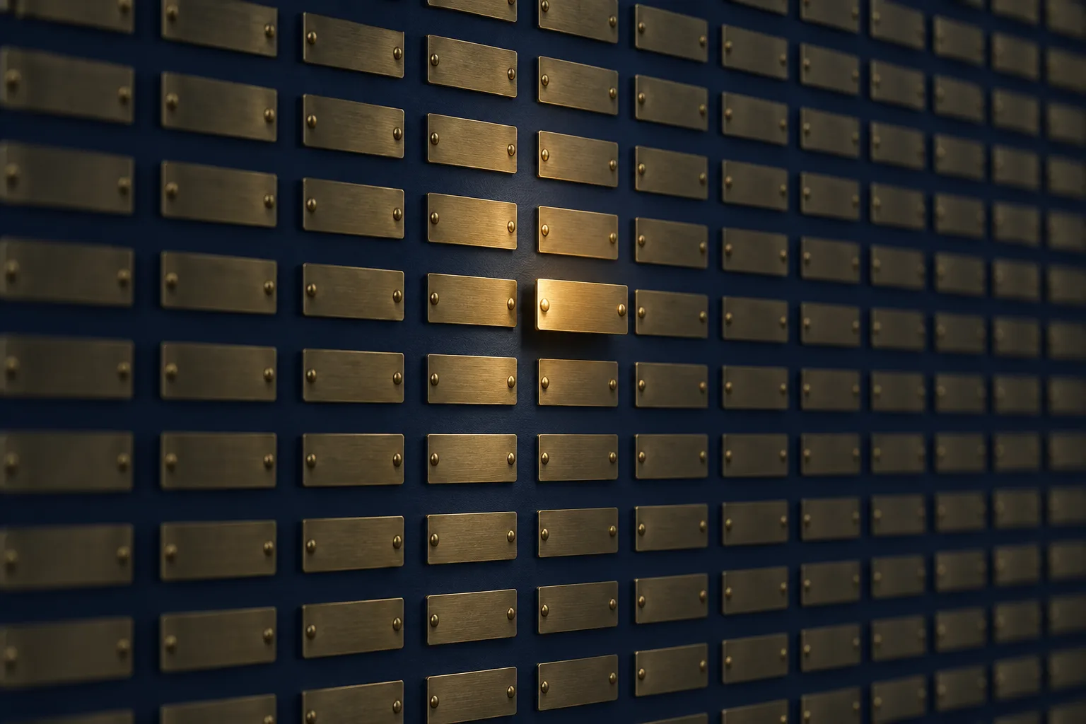 Rows of identical blank brass nameplates on a dark wall with one plate raised and catching the light