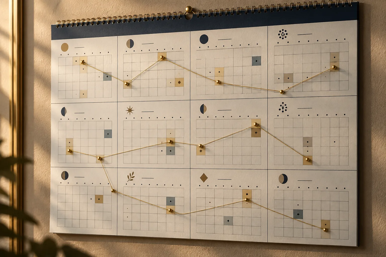 Illustration of a wall calendar with a visa bulletin grid connected by gold thread across months