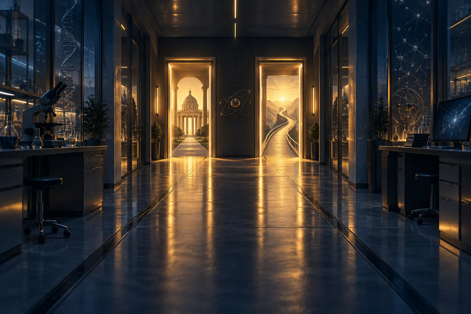 A laboratory corridor with two illuminated doorways symbolizing employer-sponsored versus self-petition immigration paths