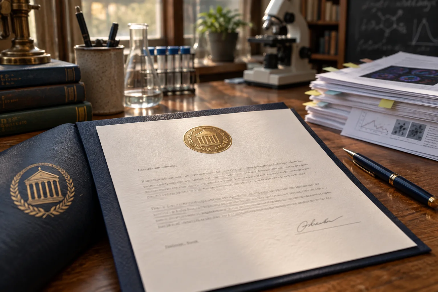 A signed institutional appointment letter beside a university seal on a research lab bench