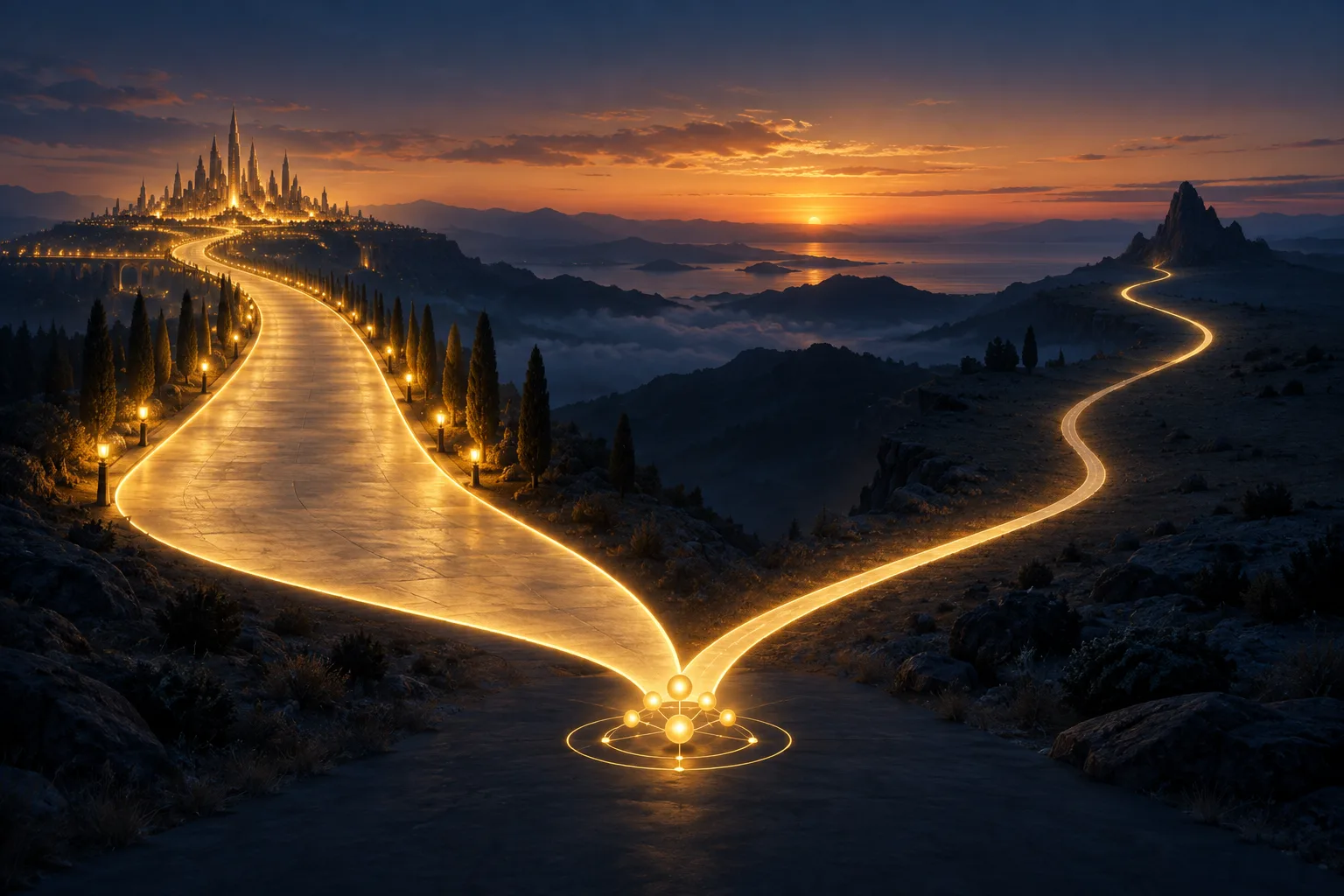Two diverging glowing pathways representing a mature field versus a small emerging field