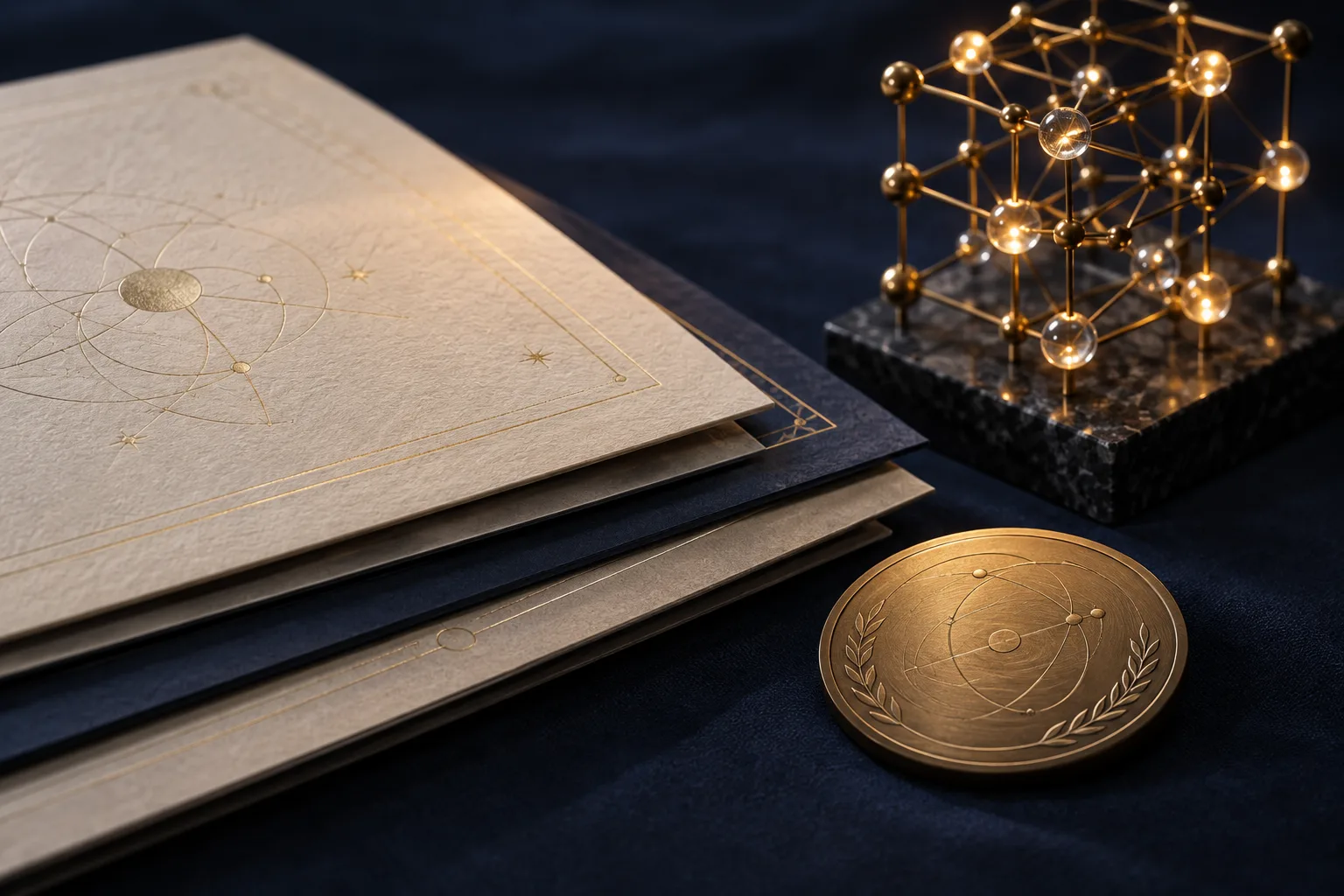 Technical funding documents and a modest award medal beside a glowing node lattice model
